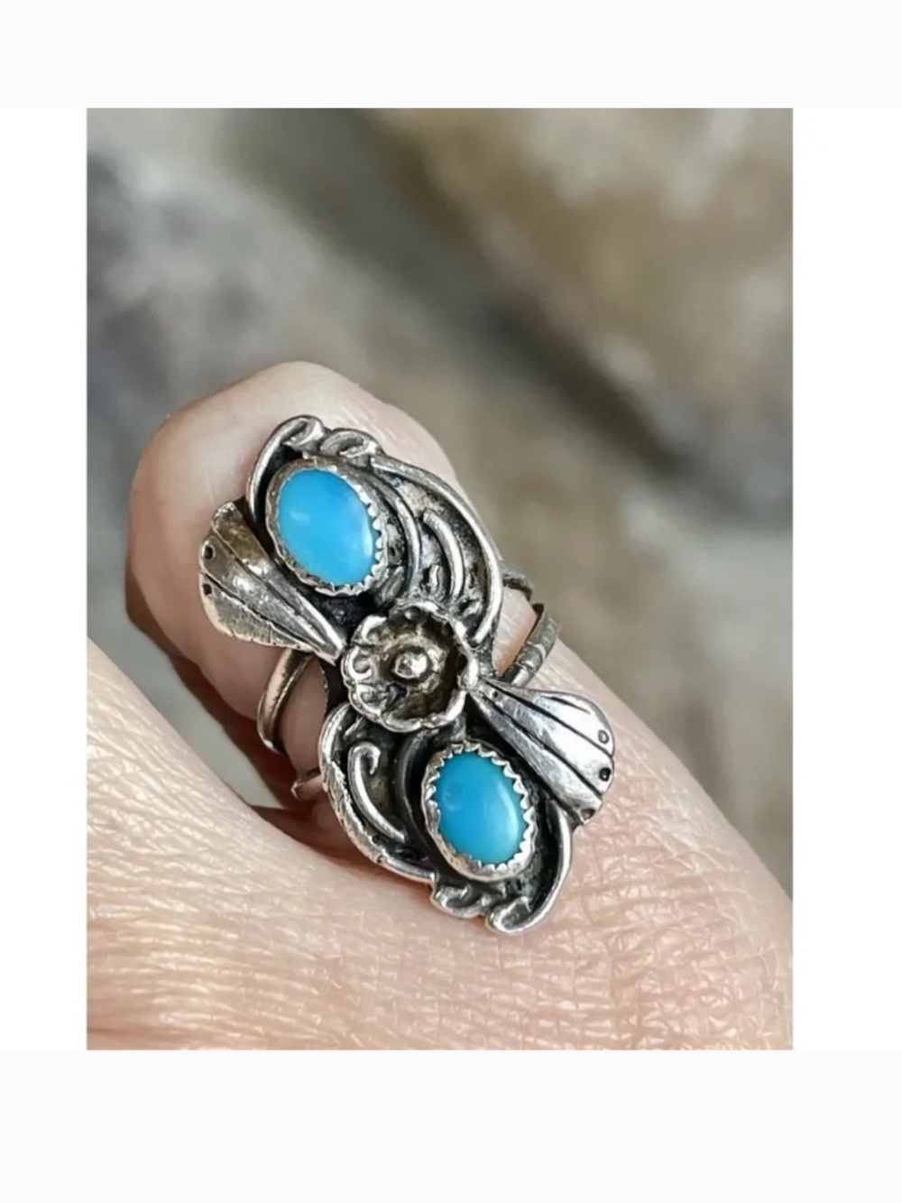 Navajo Sterling Silver Double Stone Turquoise Ring - Picture 2 of 8
